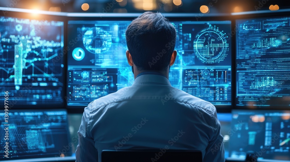 Spaceship commander looking at critical mission updates inside a sci-fi style cockpit. Spaceship commander looking at critical mission updates inside a sci-fi style cockpit.