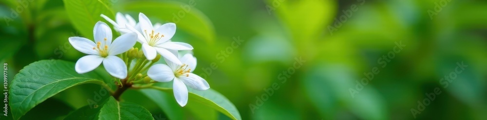 Fototapeta premium Fragrant white jasmine blossoms cluster on lush green bush , floral, vibrant