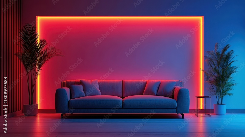 A modern living room featuring a stylish blue sofa, illuminated by vibrant red and blue LED lights, with decorative plants enhancing the ambiance. A modern living room featuring a stylish blue sofa, illuminated by vibrant red and blue LED lights, with decorative plants enhancing the ambiance.