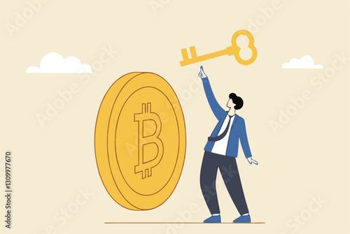 Private key or hardware wallet to store cryptocurrency or Bitcoin, security password or safety protection for crypto currency concept, confidence businessman investor holding private key with Bitcoin.