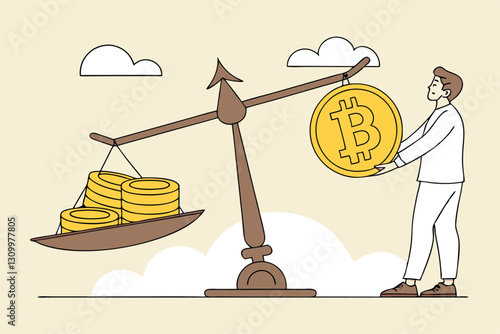 Bitcoin and crypto currency store of value compare to dollar money, inflation reduce value or investment asset choices concept, businessman investor stand with Bitcoin seesaw Dollar money coins.