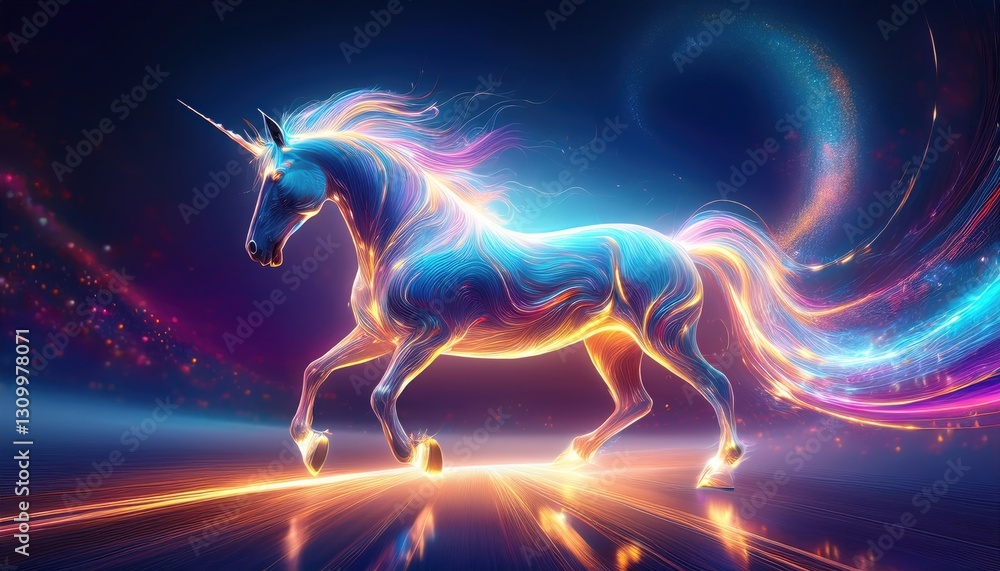 A graceful unicorn strides through an ethereal landscape, radiating brilliant colors. A graceful unicorn strides through an ethereal landscape, radiating brilliant colors.