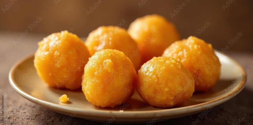 Golden brown laddu, textured surface, isolated , food, closeup, white