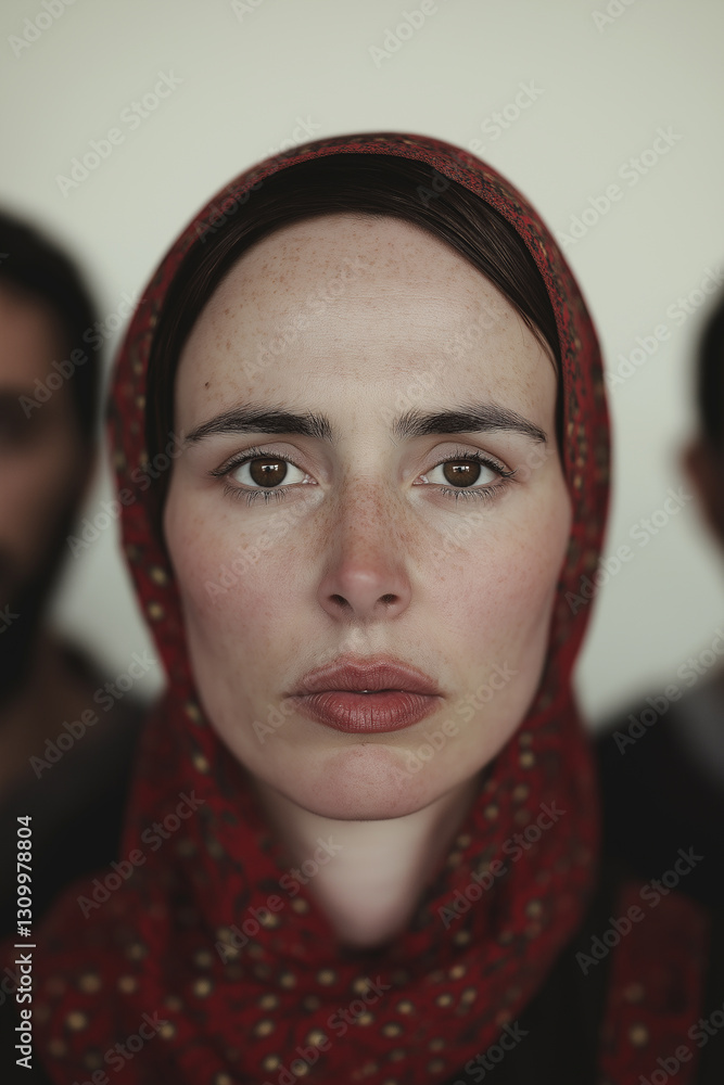 A woman with a red scarf on her head A woman with a red scarf on her head