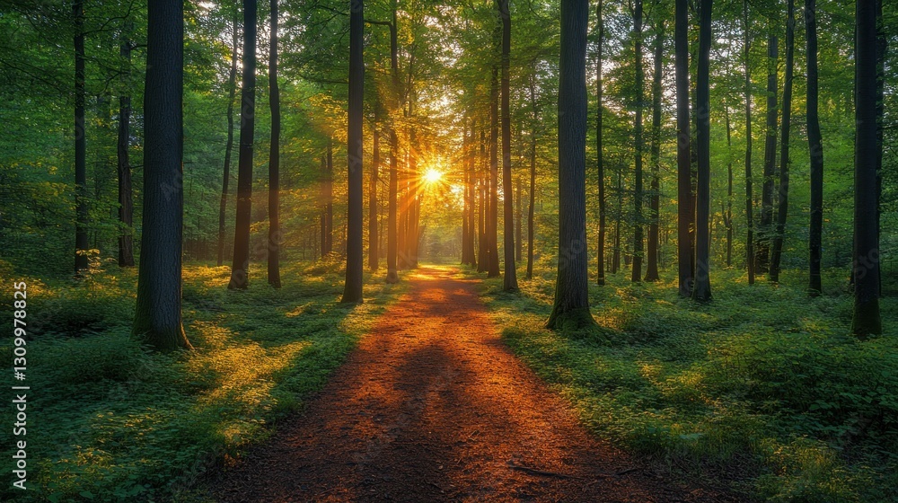 Sunlit forest path at golden hour Sunlit forest path at golden hour