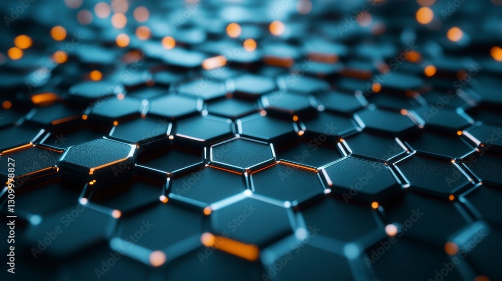 Fototapeta premium A close-up view of interconnected hexagonal shapes with a dark, metallic sheen and glowing orange accents, creating a futuristic, textured surface.