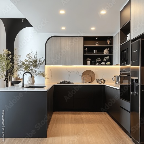 A modern and stylish kitchen with sleek cabinetry and decor