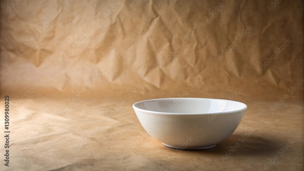 A white ceramic bowl rests on a backdrop of wrinkled brown paper, creating a simple yet elegant still life. A white ceramic bowl rests on a backdrop of wrinkled brown paper, creating a simple yet elegant still life.