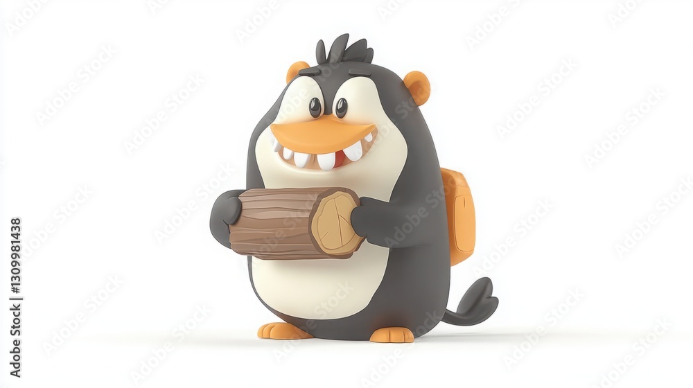 Obraz premium Cute cartoon penguin character holding a log, fun and playful design, perfect for children's illustrations, animations, and playful marketing materials.