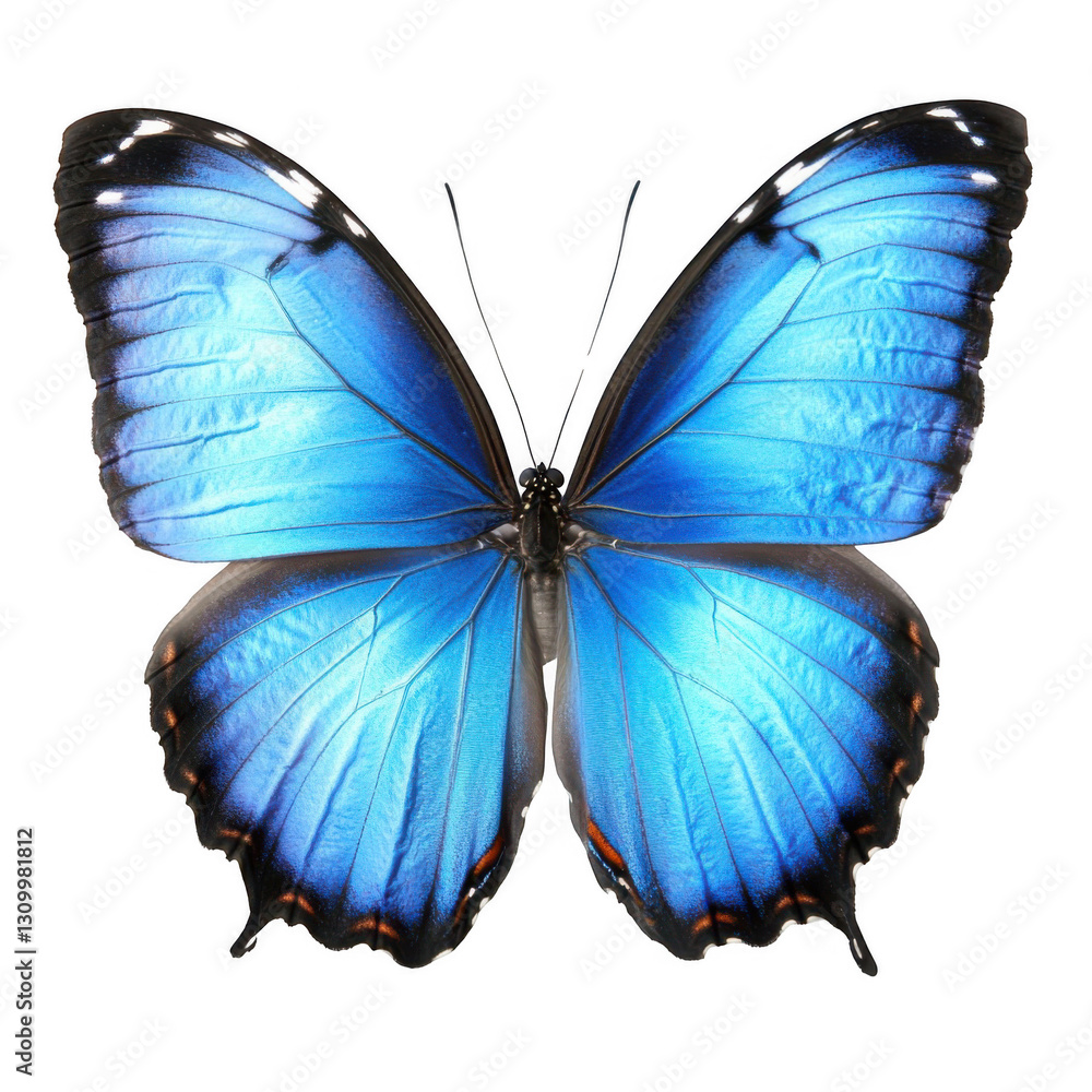 Fototapeta premium Beautiful blue butterfly with open wings on a white background