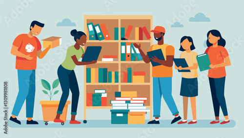 A group of volunteers restocking the bookshelves with new donations at the thrift shop.. Vector illustration