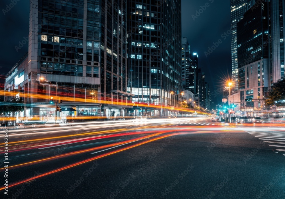 Fototapeta premium Night cityscape with light trails from moving vehicles in a bustling urban area