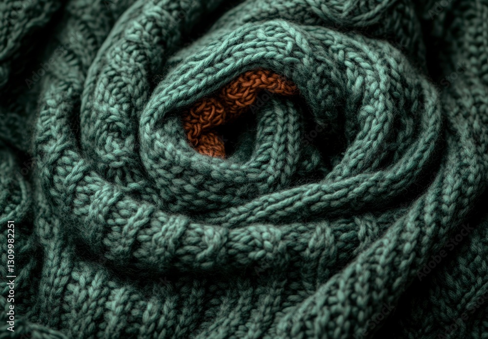 Detailed Close up of Teal Knitted Fabric Texture with Brown Center Detailed Close up of Teal Knitted Fabric Texture with Brown Center