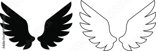 Wings with long feather icon in line and flat set. isolated on transparent background.