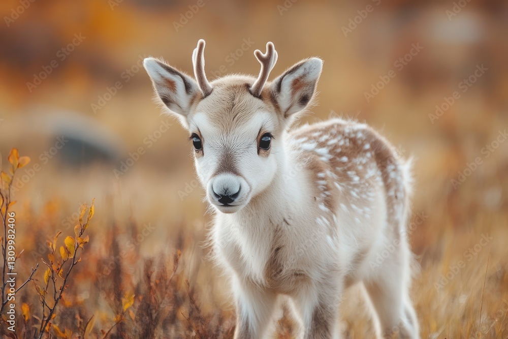 Adorable Baby Reindeer Rising in the Boreal Autumn Landscape of Northern Mongolia Adorable Baby Reindeer Rising in the Boreal Autumn Landscape of Northern Mongolia