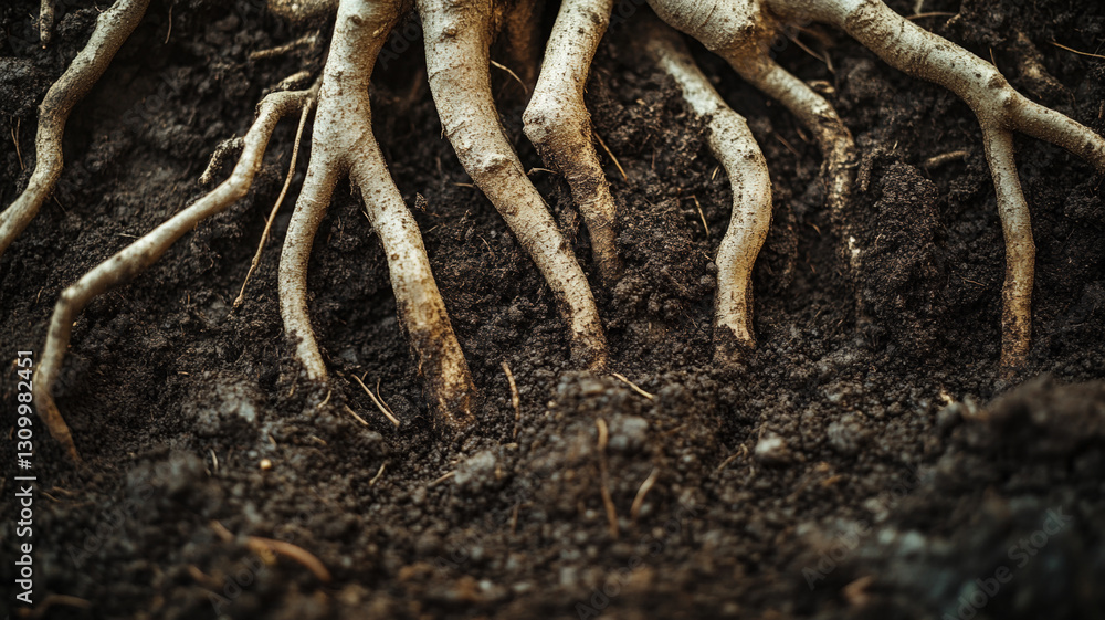 Fototapeta premium Close-up View of Plant Roots Growing Through Rich Dark Soil in Natural Environment