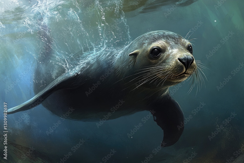 Fototapeta premium Graceful Sea Lion Gliding Through Crystal-Clear Ocean Waters