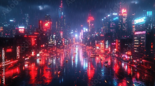 Rain-slicked futuristic city glowing neon red at night