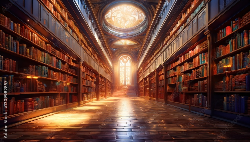 A grand library filled with colorful books glows in enchanting sunlight through ornate windows. A grand library filled with colorful books glows in enchanting sunlight through ornate windows.