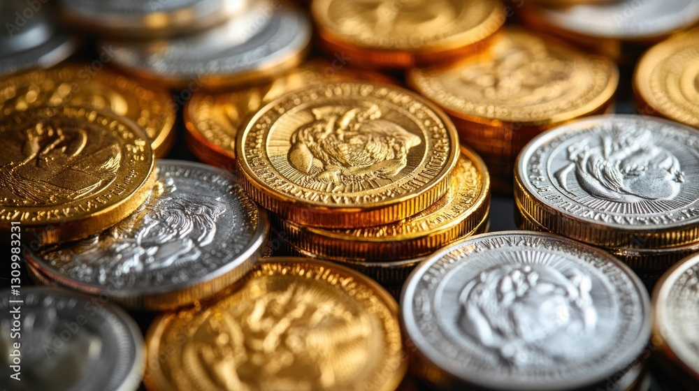 Gold and silver coins stacked high, gleaming wealth. Gold and silver coins stacked high, gleaming wealth.