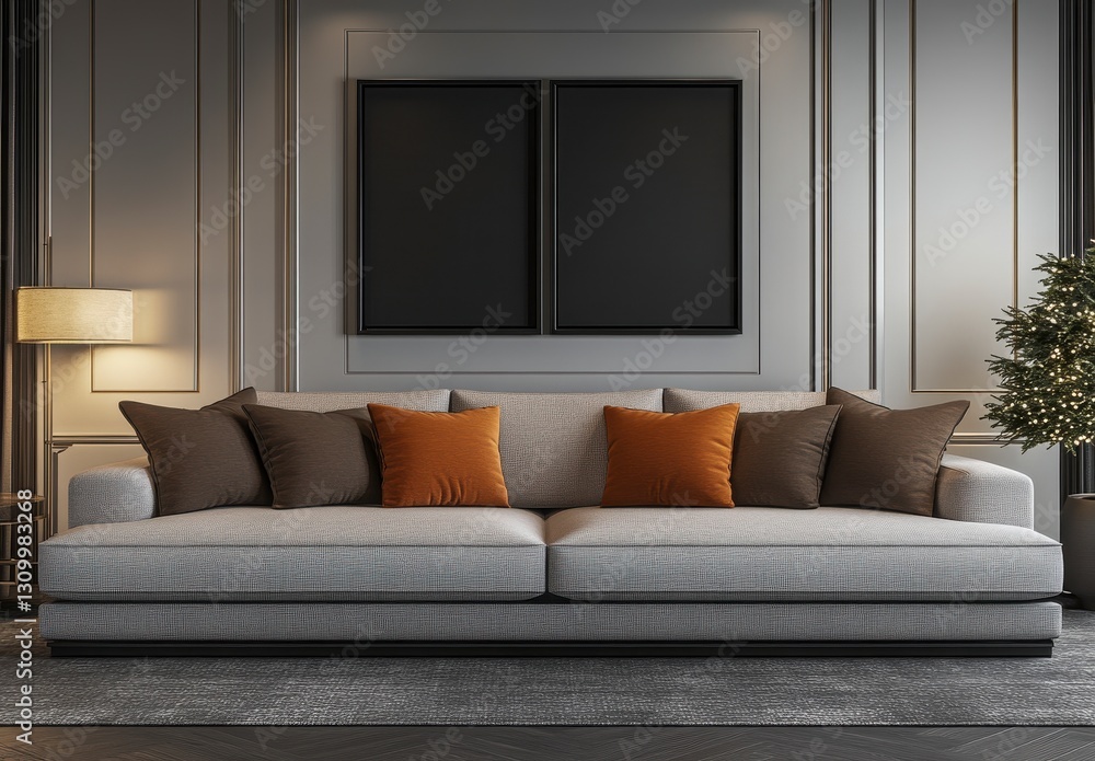 Fototapeta premium Elegant Gray Living Room with Blue Patterned Sofa and Modern Decor