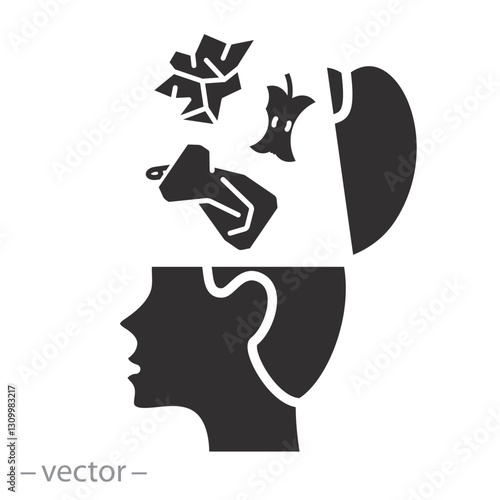 rubbish in brain, icon of garbage in the head, concept open human head, flat vector illustration