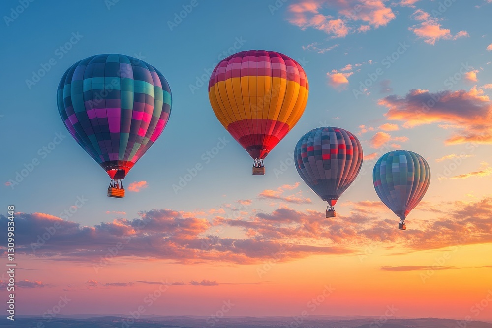 Fototapeta premium Colorful hot air balloons soar sunset sky