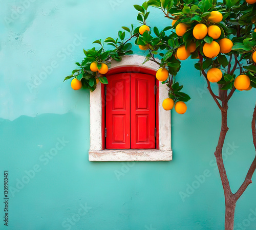 green facade with a red window and orange tree