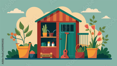 A miniature garden shed houses a carefully curated selection of vintage gardening tools creating a cozy and nostalgic display.. Vector illustration