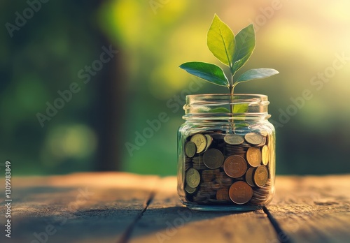 Growth of savings with coins and a green plant sprouting from a glass jar on a wooden table in a serene and vibrant outdoor setting