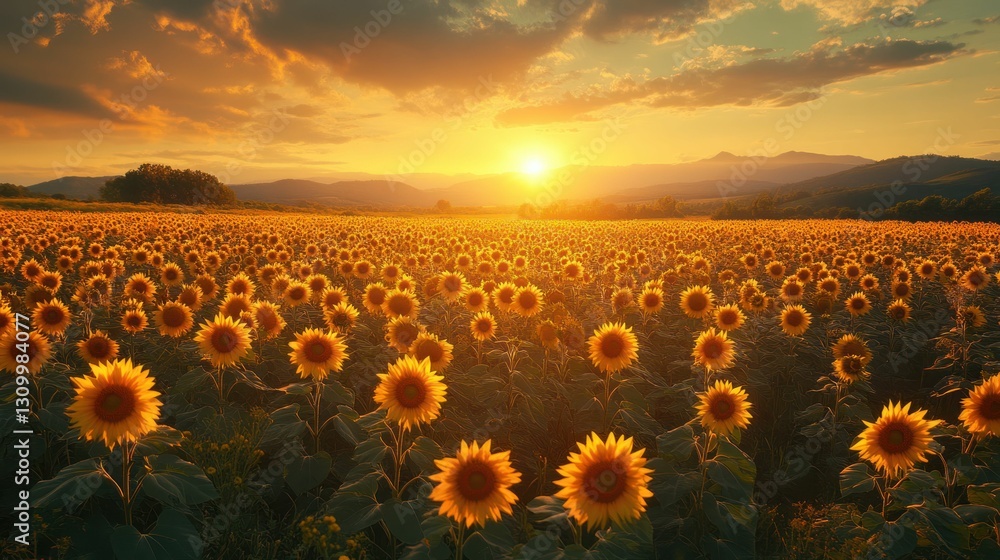 Obraz premium Golden sunset illuminates vast sunflower field.