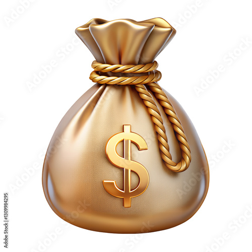 3D Money Bag Tied with a Golden Rope – Transparent Background High-Quality Finance & Wealth Icon.AI Generated.