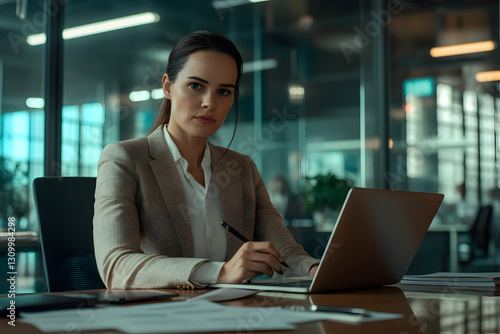 Successful Female Entrepreneur in an Elegant Office Space, Analyzing Data and Taking Notes