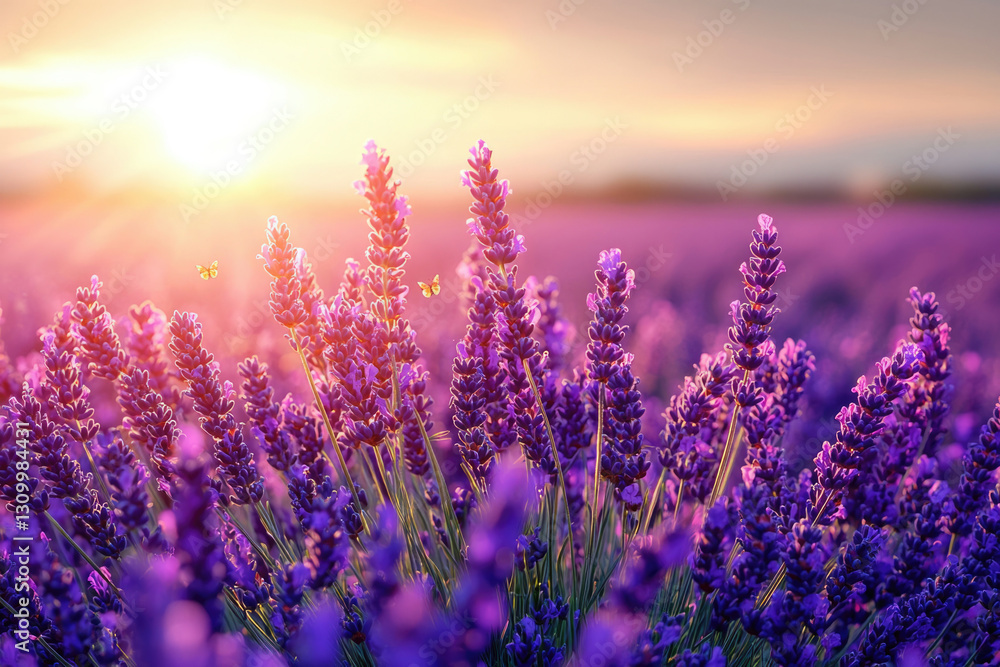 Obraz premium Lavender field at sunset with butterflies, serene and beautiful.