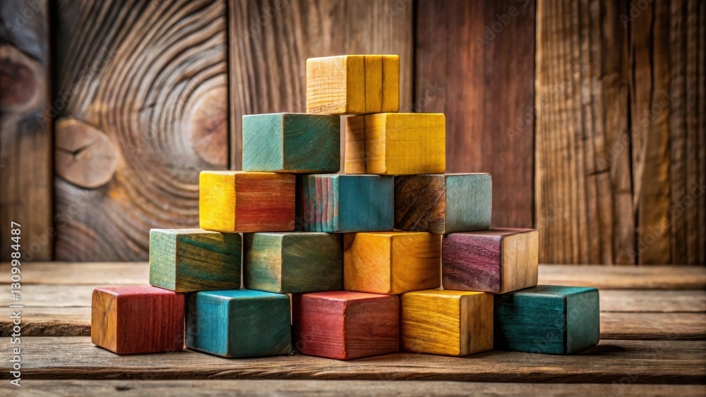 A pyramid of colorful wooden blocks against a rustic backdrop of weathered woodgrain, showcasing the beauty of simple, natural materials A pyramid of colorful wooden blocks against a rustic backdrop of weathered woodgrain, showcasing the beauty of simple, natural materials