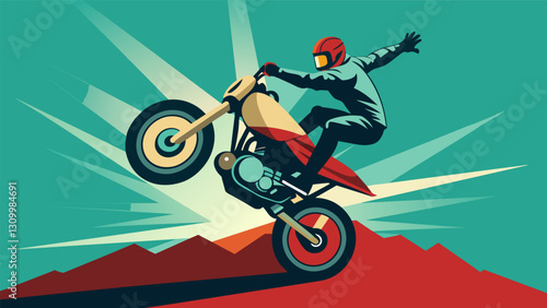 A fearless rider shocks the audience with a Rock Solid maneuver holding onto the bike with only one hand.. Vector illustration