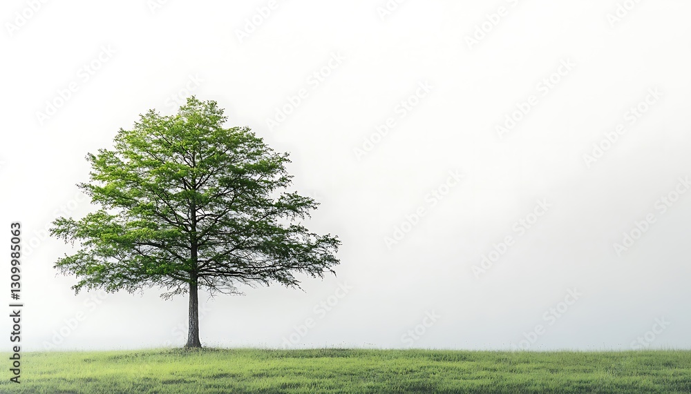 Fototapeta premium A solitary green tree on a grassy meadow field landscape