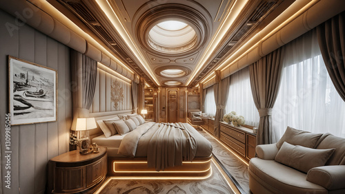 Inside the train's bedroom, the interior is decorated in a luxurious style.