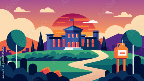 The sun setting on a university campus symbolizing the end of inperson education and the high price tag associated with it compared to the flexibility. Vector illustration