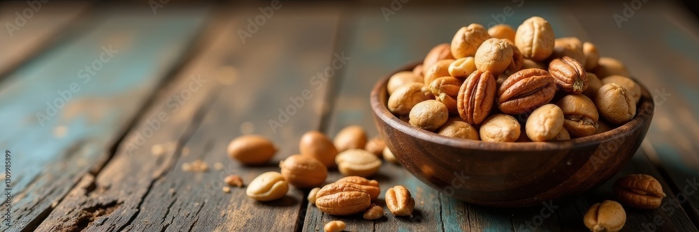 Scattered mixed nuts in a wooden bowl on weathered table , wooden, healthy snack Scattered mixed nuts in a wooden bowl on weathered table , wooden, healthy snack
