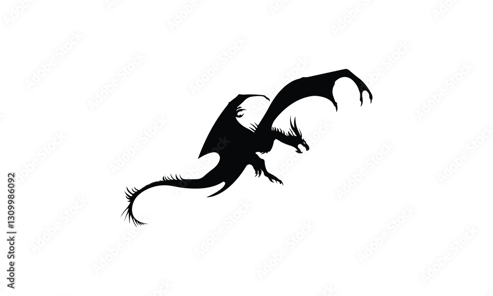 Fototapeta premium Black flying dragon silhouette isolated on white background