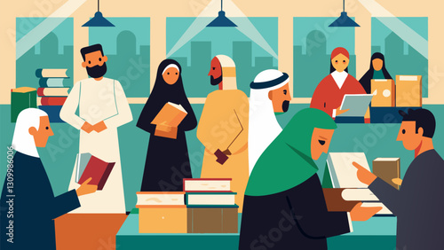 The conference room is buzzing with excitement as vendors showcase religious artifacts and books for attendees to peruse.. Vector illustration