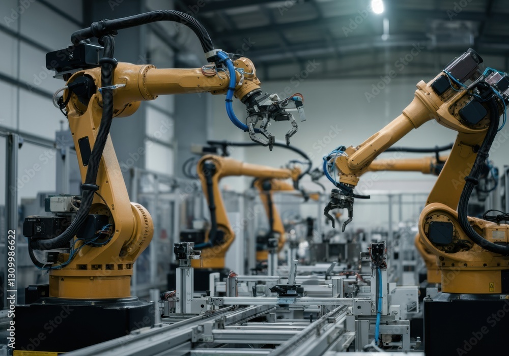 Industrial robotic arms working on an automated assembly line Industrial robotic arms working on an automated assembly line