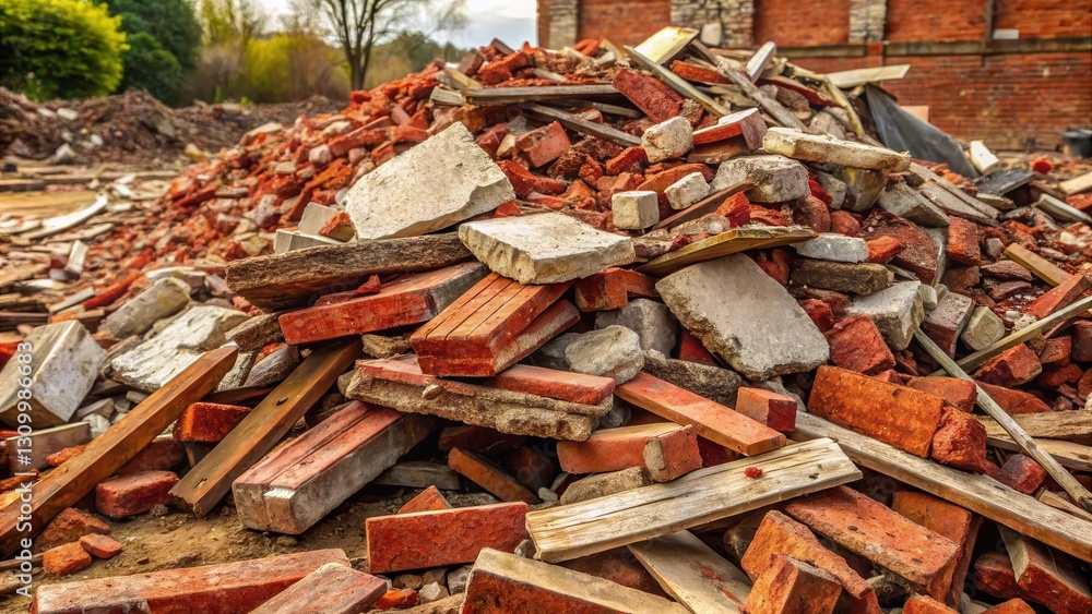 A pile of broken bricks, wood, and concrete rubble sits in a clearing, a testament to the recent demolition of a building. A pile of broken bricks, wood, and concrete rubble sits in a clearing, a testament to the recent demolition of a building.