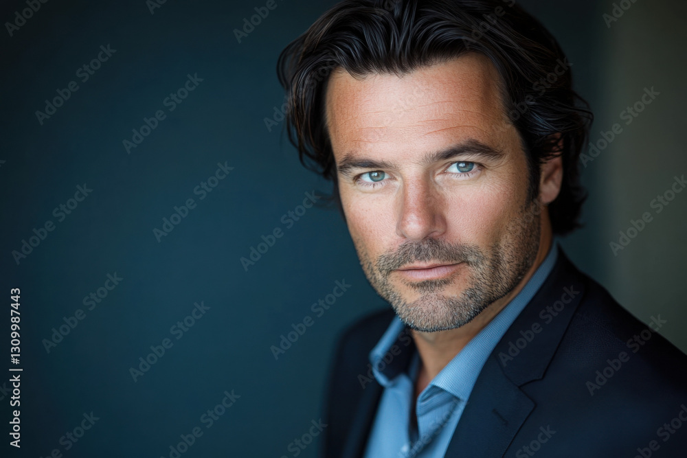 Portrait of a Caucasian man with dark hair and blue eyes in a professional suit, exuding confidence against a blurred dark background. Portrait of a Caucasian man with dark hair and blue eyes in a professional suit, exuding confidence against a blurred dark background.