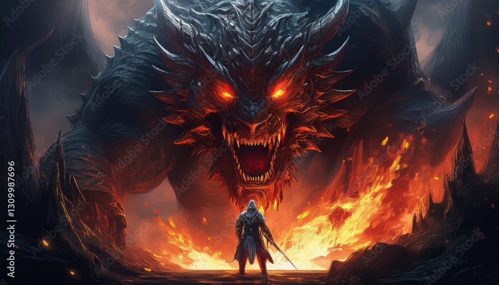 Fototapeta premium A fearless warrior stands before an enormous, fierce dragon, surrounded by flames and darkness.