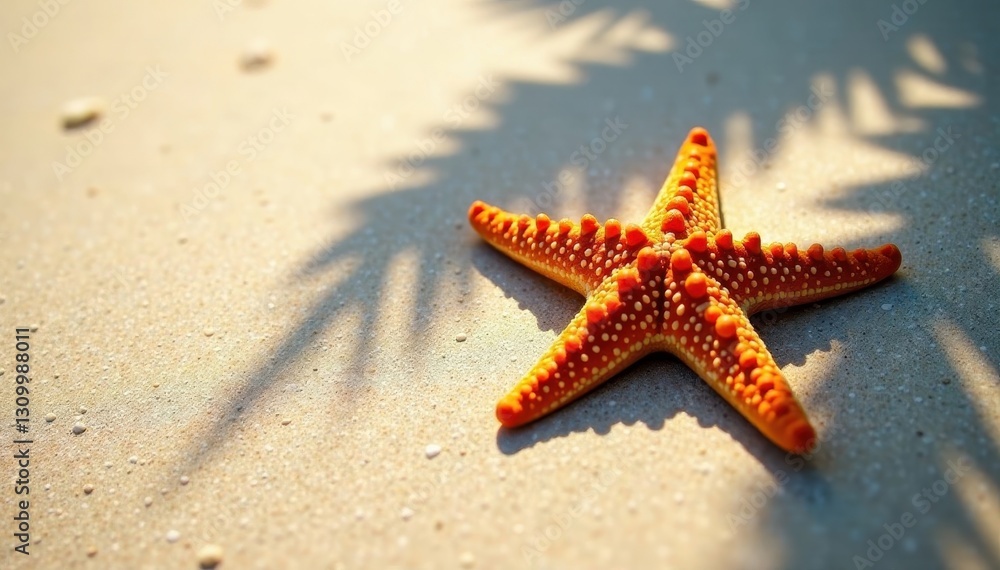 Starfish on sandy beach, palm tree shadow nearby , vacation, summer vacation