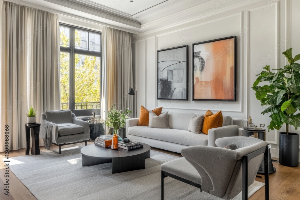 Modern, sophisticated living room with large windows, featuring a light-gray sofa, armchairs, and a coffee table. Stylish, contemporary decor with warm-toned accents. Sleek and minimalist aesthetic. Modern, sophisticated living room with large windows, featuring a light-gray sofa, armchairs, and a coffee table. Stylish, contemporary decor with warm-toned accents. Sleek and minimalist aesthetic.