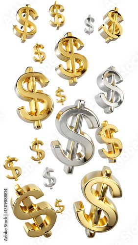 Floating Gold & Silver Dollar Signs – Transparent Background High-Quality 3D Money Symbols.AI Generated.