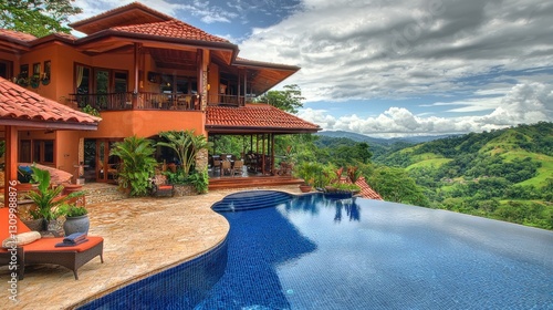 Luxurious infinity pool overlooking tropical mountain resort